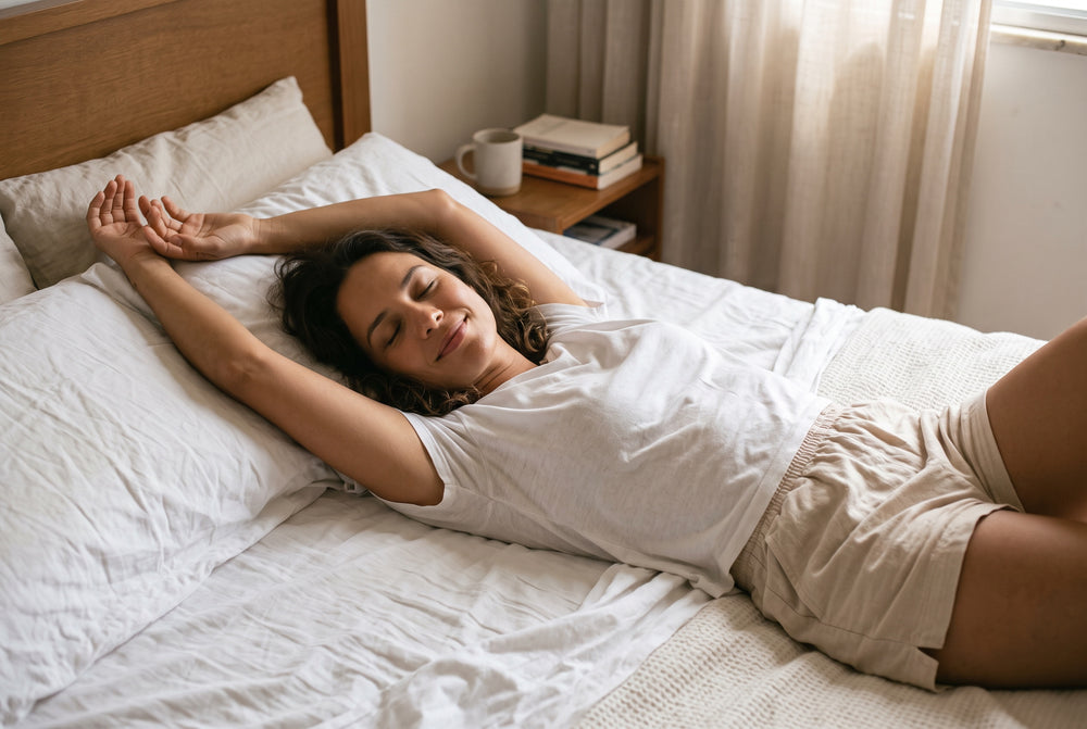 Mulher de 35 anos deitada na cama, olhos fechados, tranquila